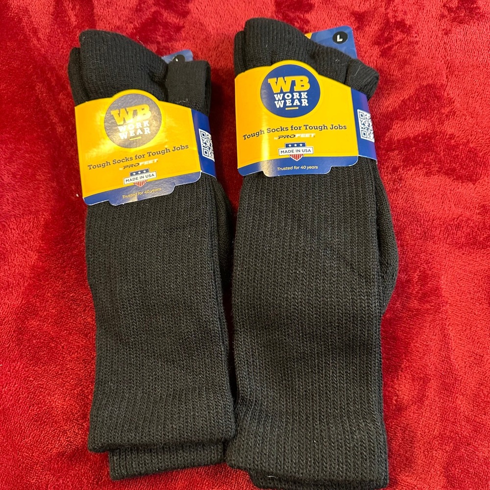 WB Workwear Pro Feet‎ Mens Black Tough Socks 2 Pair Size 10-13 Made in USA 3008L